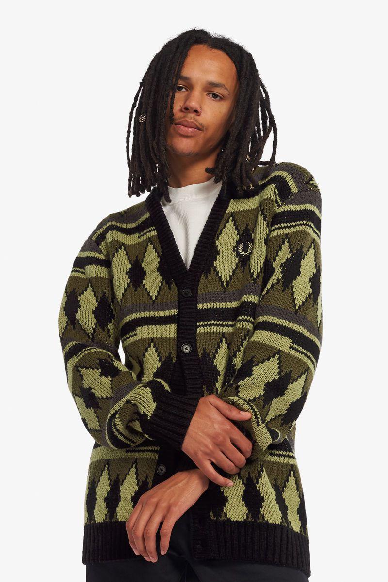 Olive Green Fred Perry Chunky Jacquard Cardigan Men\'s Knitwear | PH 1284YXFU